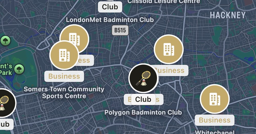 Map of nearby badminton clubs and businesses